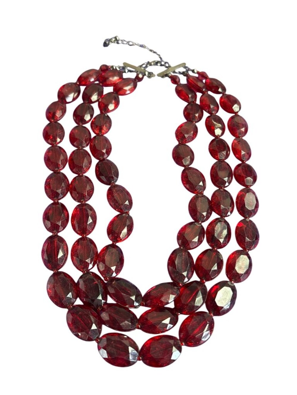 Vintage 3 Strand Red Faceted Plastic Beaded Necklace 18 - 20 inches Long